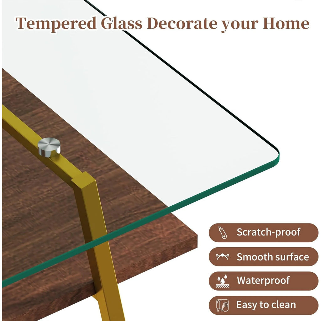 Black Frame Transparent Glass Brown Wood Coffee Table U560