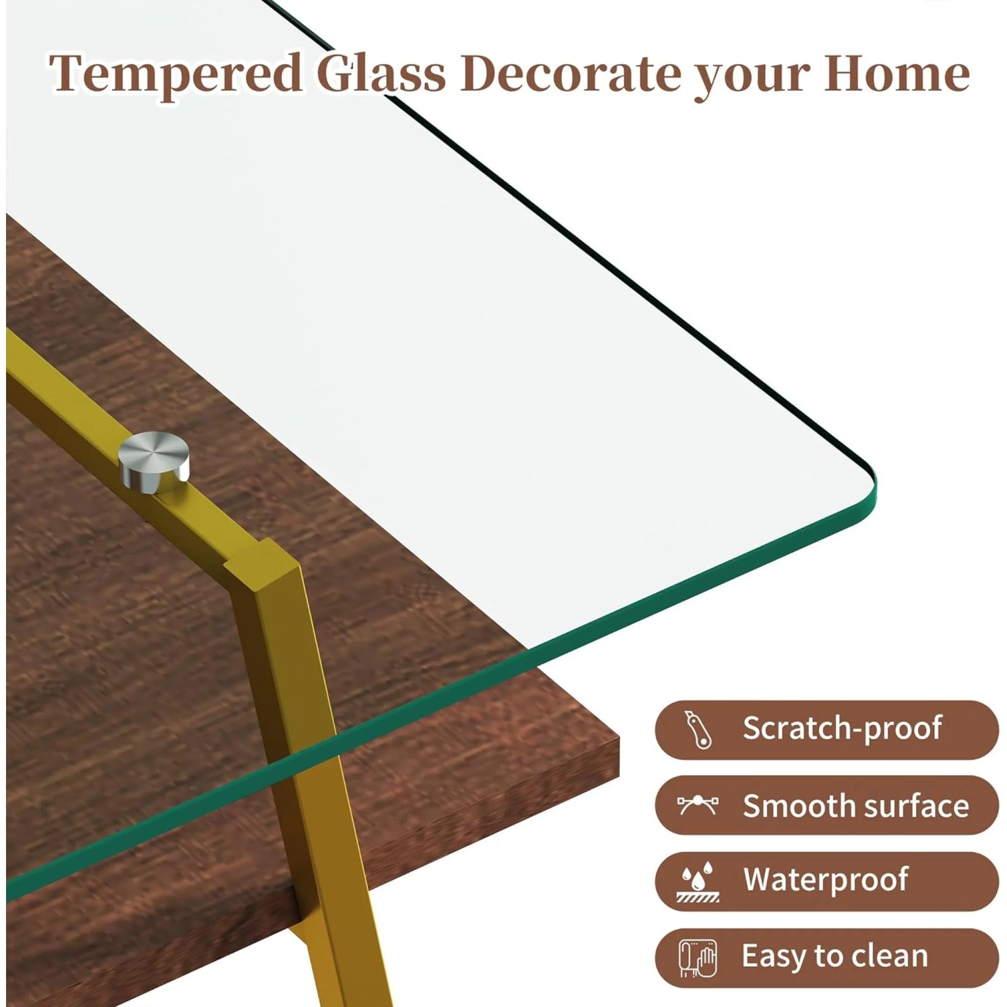 Black Frame Transparent Glass Brown Wood Coffee Table U560