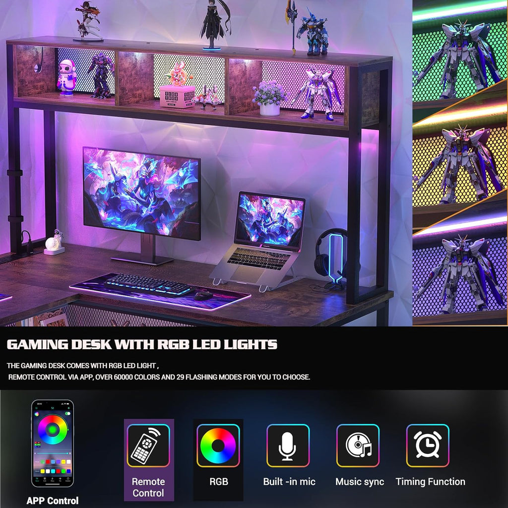 55 Inch L Shaped Gaming Desk with LED Lights & Power Outlets, Rustic Brown U62040
