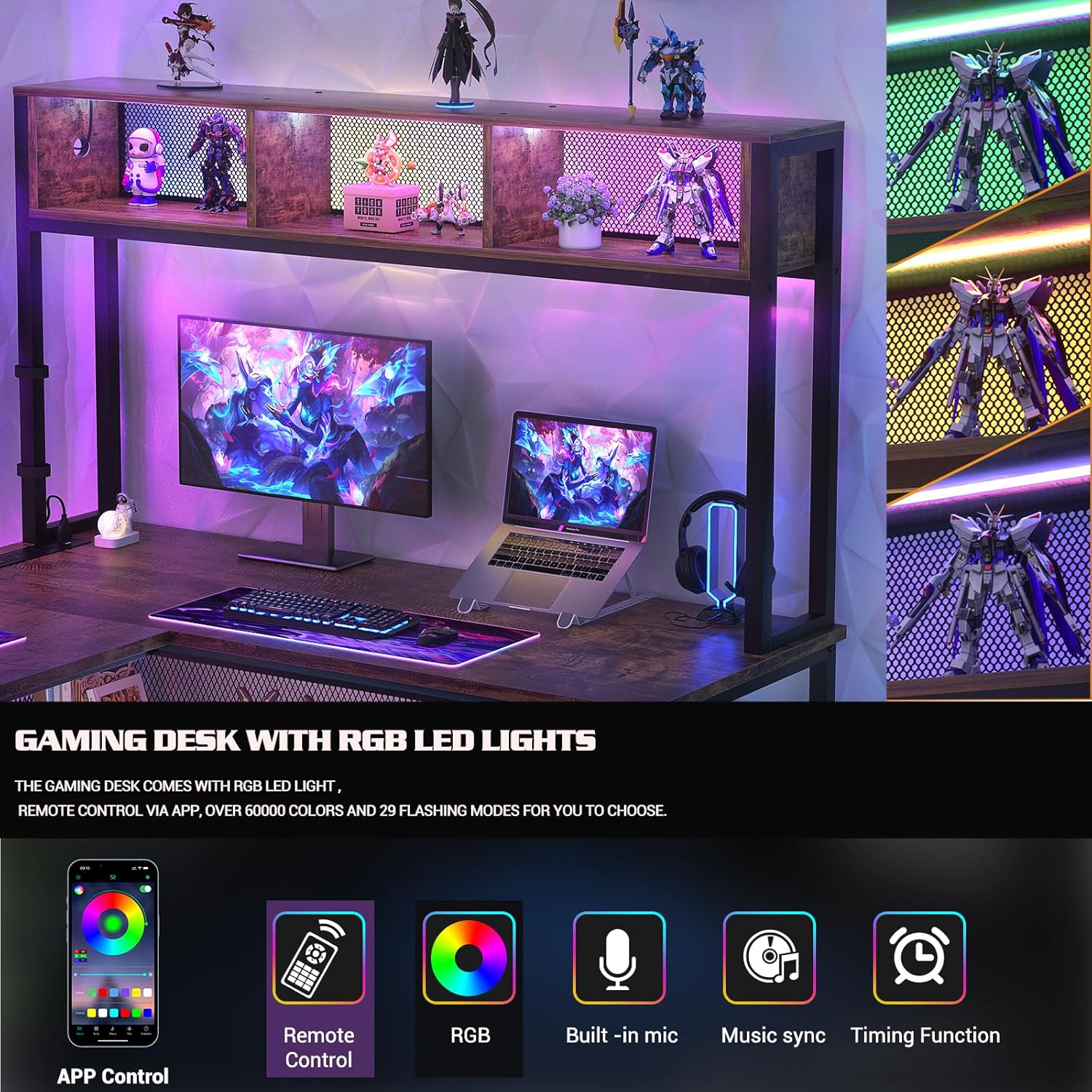 55 Inch L Shaped Gaming Desk with LED Lights & Power Outlets, Rustic Brown U62040