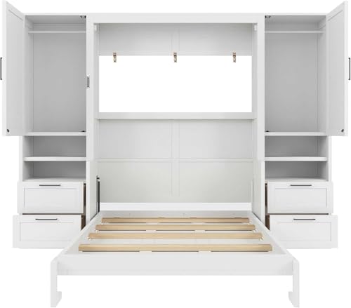 Full White Wood Murphy Bed with Desk and Storage W6851