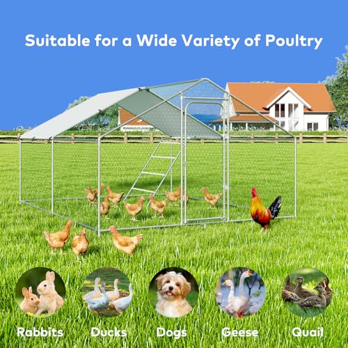 Large Metal Chicken Coop Walk-in Poultry Cage with Waterproof and UV-Resistant Cover, Outdoor Chicken Run Poultry Hen House, Spire Roof (10’ W x 13.2’ L x 6.4’ H) B65982