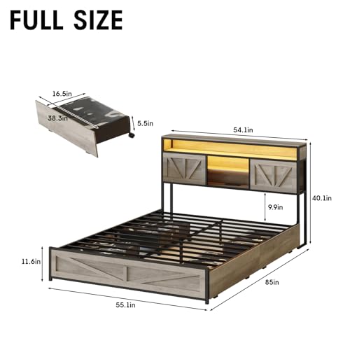 Queen Size Bed Frame with 4 Drawers LED Light and Headboard Storage Shelves, Wash Grey X412355