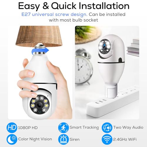 Light Bulb Security Camera, 360° WiFi Wireless Outdoor Indoor Color Night Vision, Auto Tracking Smart Alarm, 2-Way Talk, Porch Light Socket Camera E96439