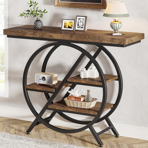 39.4-Inch Rustic Brown Console Table with 4-Tier Geometric Metal Frame Q749883
