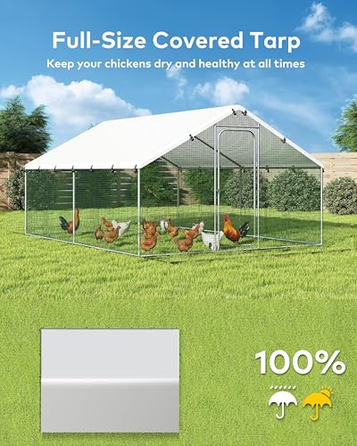 Large Metal Chicken Coop Run with Spire Roof Outdoor Poultry Cage with Waterproof UV-Resistant Cover (8.9’ W x 11.8’ L x 6.6’ H) T1864