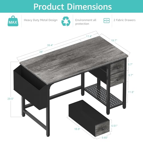 Black 40 Inch Reversible Computer Desk with Fabric Drawers L9544