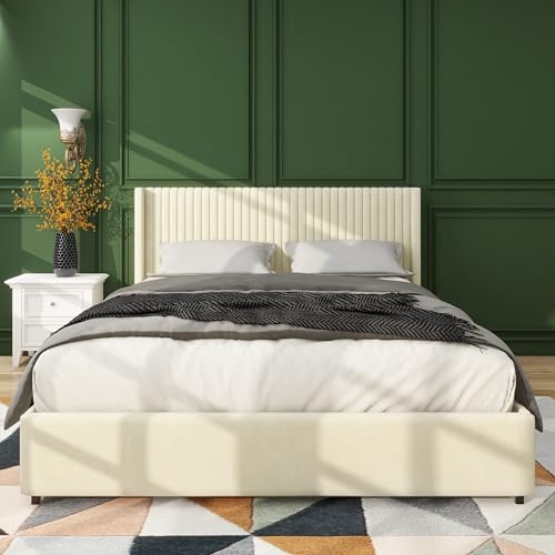 Grey Queen Size Platform Bed Frame with 4 Storage Drawers and Wingback Headboard T8837