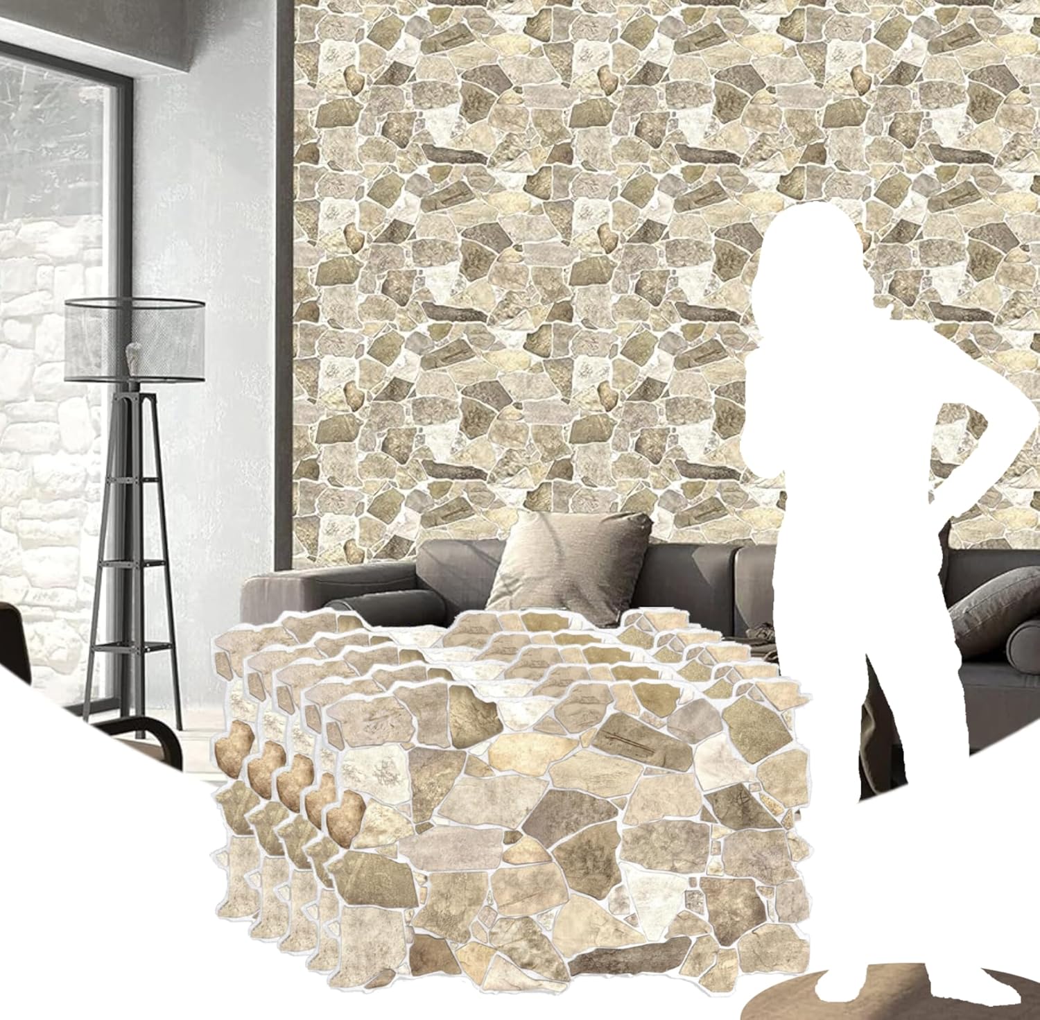 Beige Brown Faux Stone PVC Wall Panels, Pack of 5, Covers 33.5 sq. ft H789311