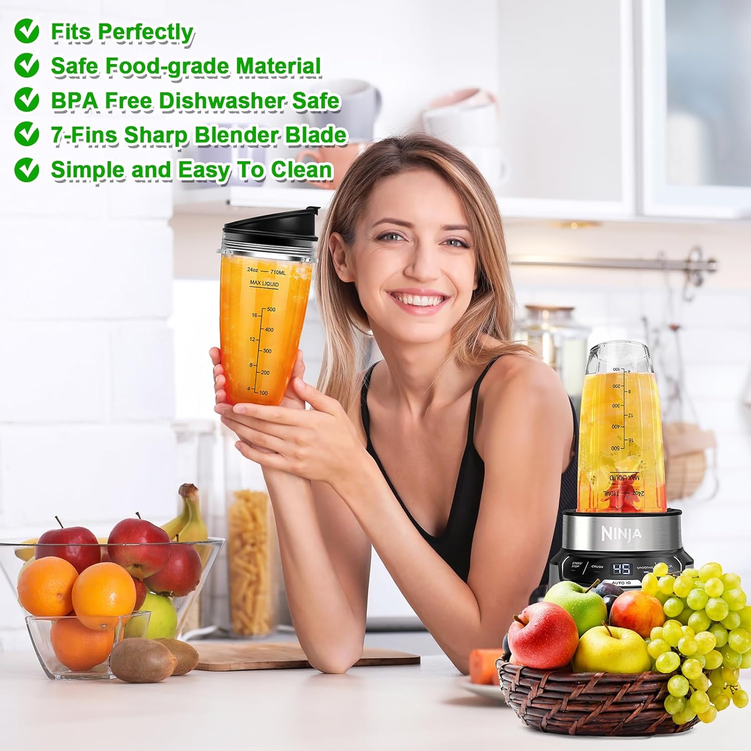 2 24oz Blender Cups with To-Go Lids and 7-Fins Extractor Blade H1507
