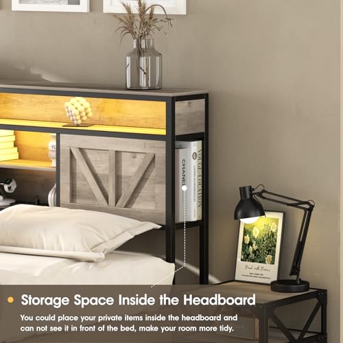 Queen Size Bed Frame with 4 Drawers LED Light and Headboard Storage Shelves, Wash Grey X412355