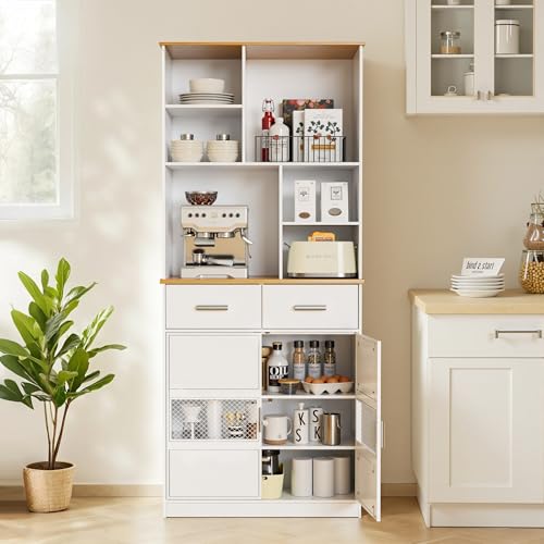 White 72'' Tall Kitchen Pantry Cabinet with Microwave Stand P228592