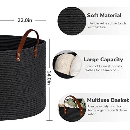 Large Woven Storage Basket with Leather Handles, 22 x 14 inches, Dark Gray K6151