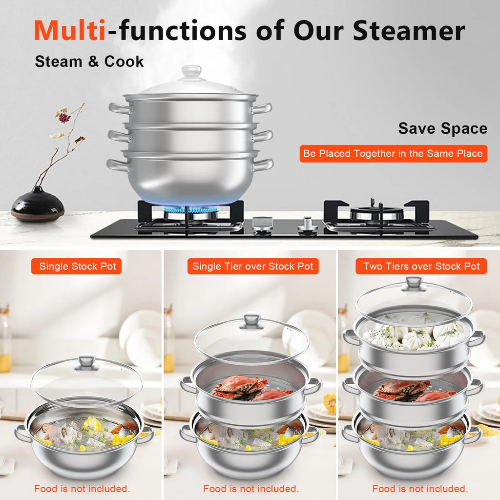 3 Tiers Stainless Steel Steaming Pot with Glass Lid T133784