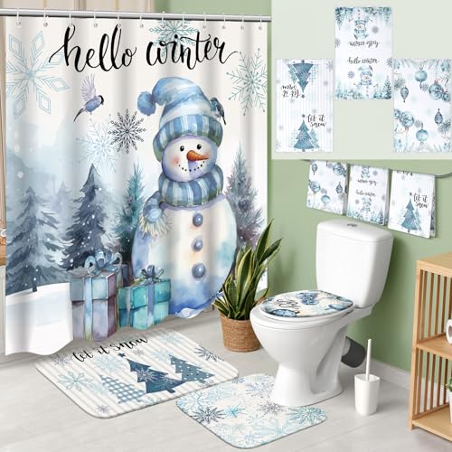7 Pcs Christmas Shower Curtain Set Non Slip Waterproof Bathroom Accessories L914