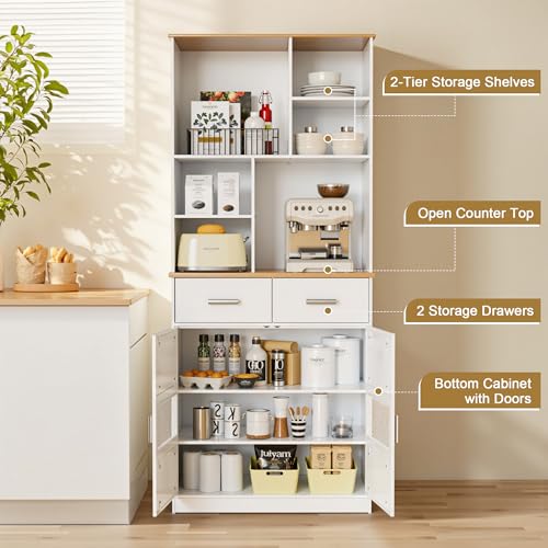 White 72'' Tall Kitchen Pantry Cabinet with Microwave Stand P228592