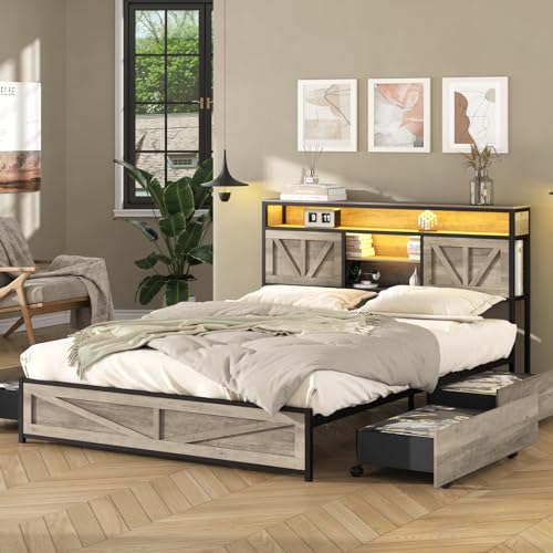 Queen Size Bed Frame with 4 Drawers LED Light and Headboard Storage Shelves, Wash Grey X412355
