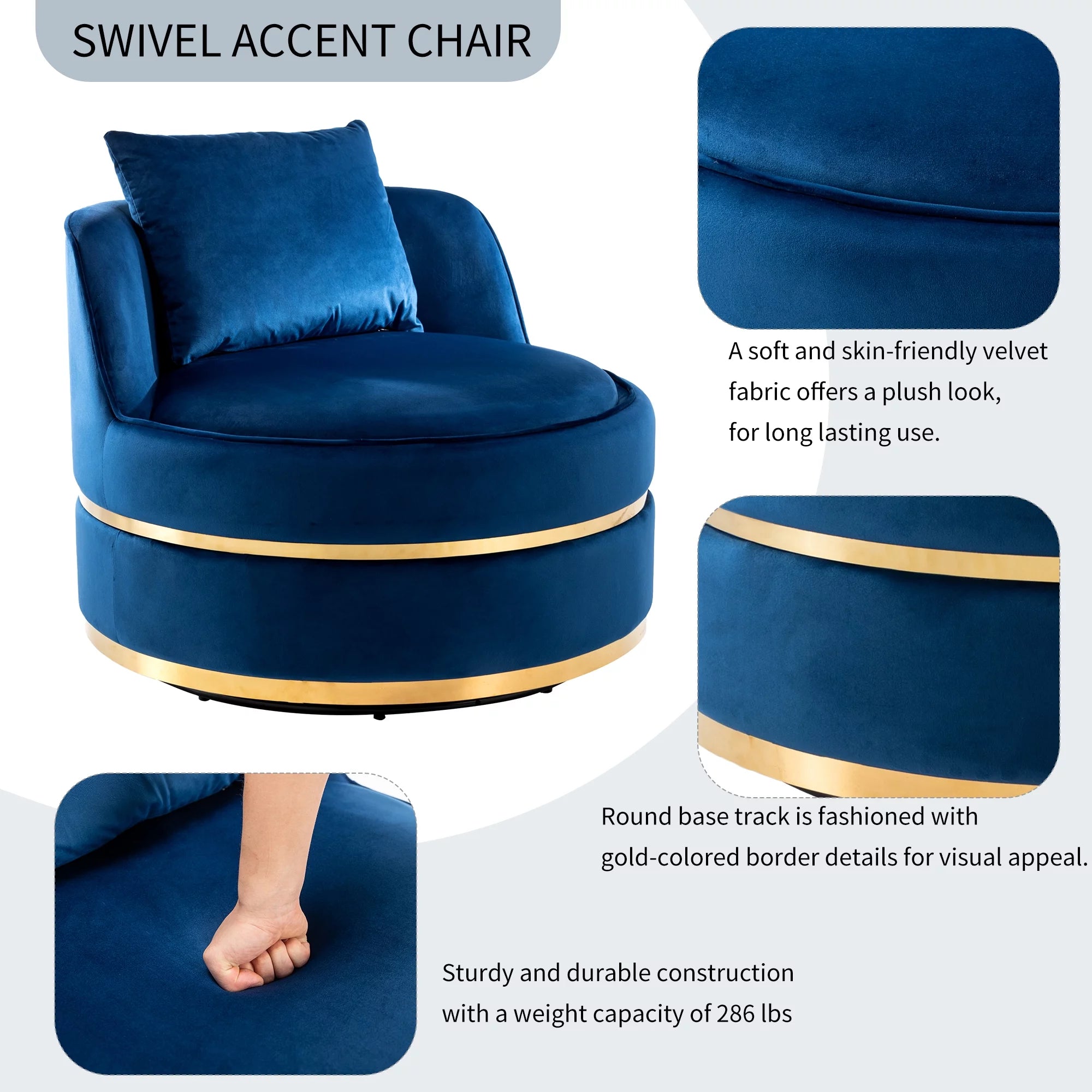 Blue Velvet Swivel Accent Barrel Chair with Seat Cushion S725312