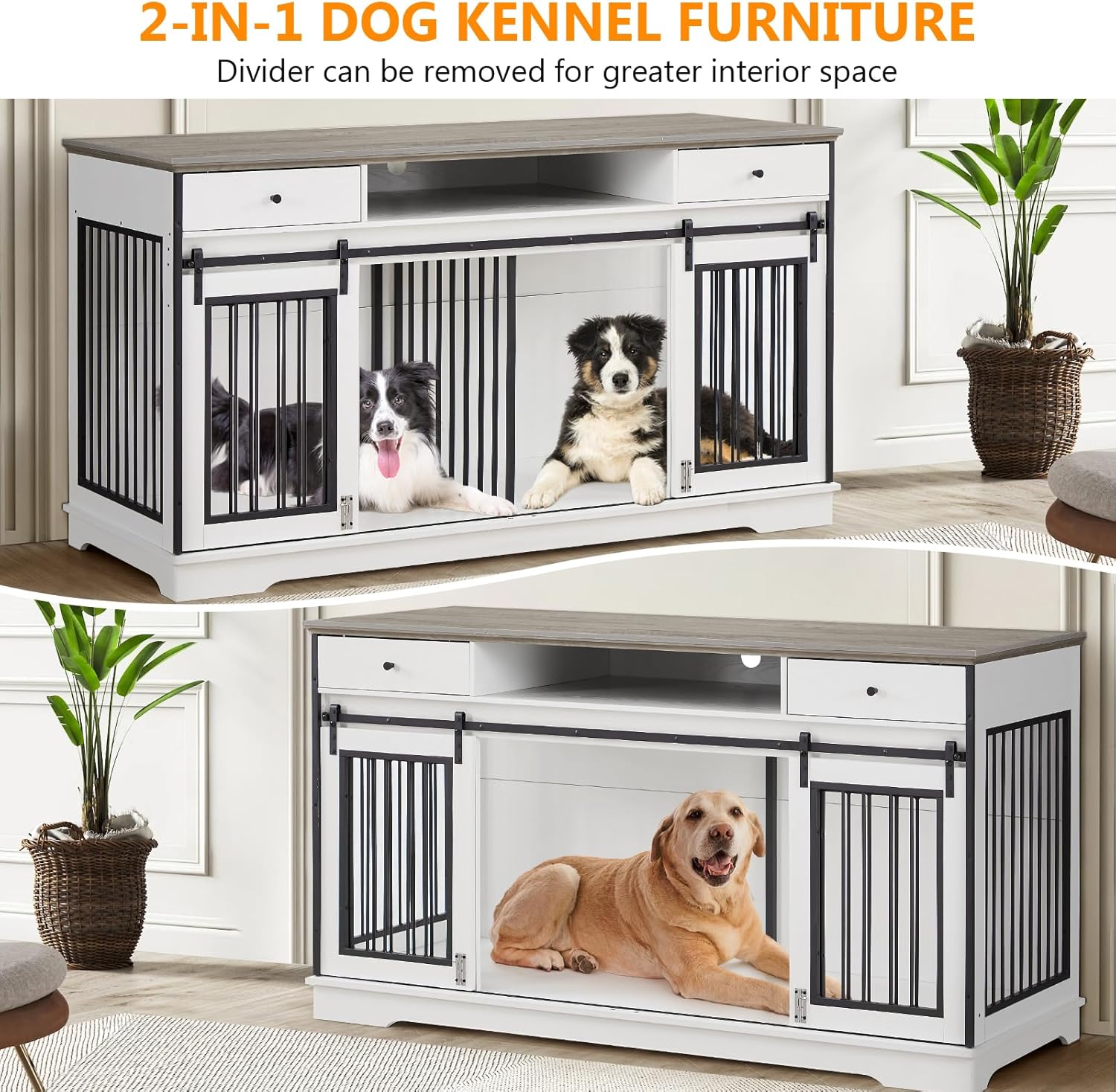 White Double Dog Crate Furniture with Divider and 2 Drawers O539559