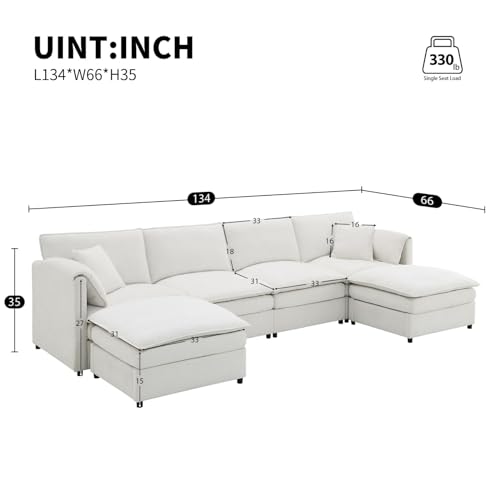 Cream Chenille U Shaped Sectional Sofa with 2 Ottoman D35860